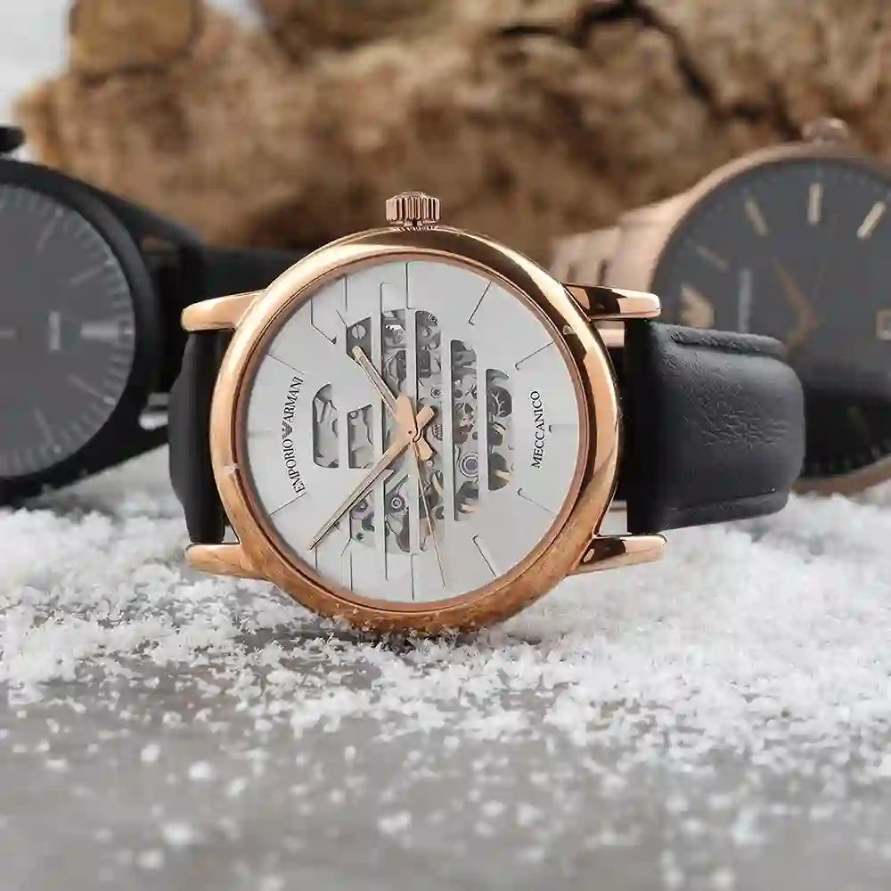 Emporio Armani Meccanico Skeleton Silver Dial Black Leather Strap Watch For Men - AR60031 Buy Now By Emporio Armani