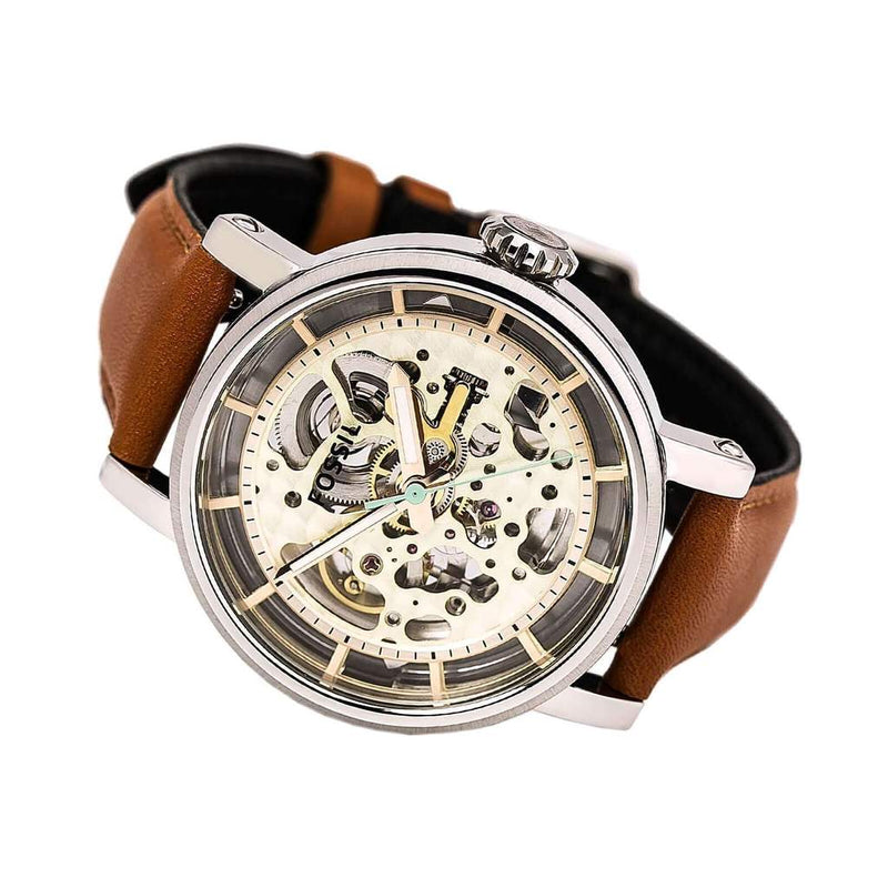 Fossil Boyfriend Automatic Skeleton Silver Dial Brown Leather Strap Watch for Women - ME3109 Buy Now By Fossil