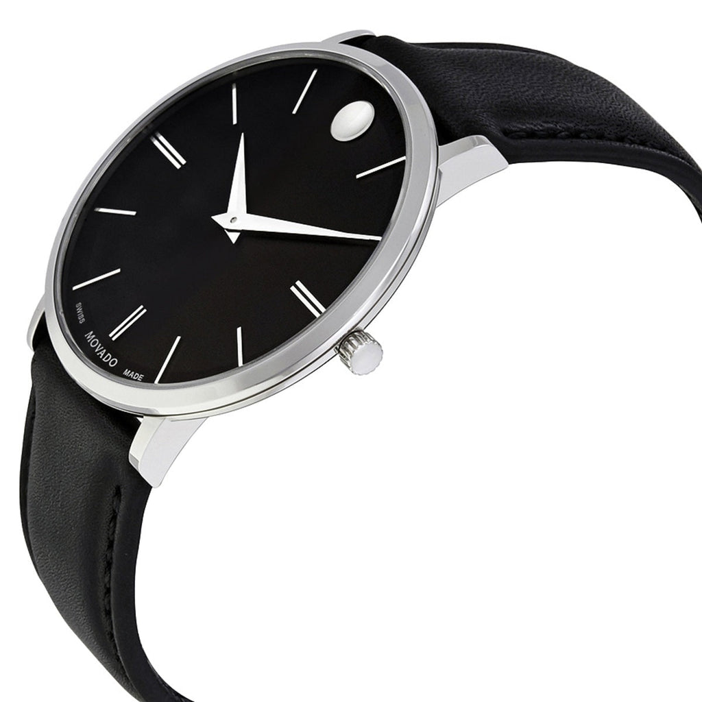 Movado Ultra Slim Black Dial Black Leather Strap Watch For Men - 0607086 Buy Now By Movado
