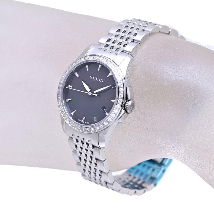 Gucci G Timeless Diamonds Mother of Pearl Black Dial Silver Mesh Bracelet Watch For Women - YA126507 Buy Now By Gucci