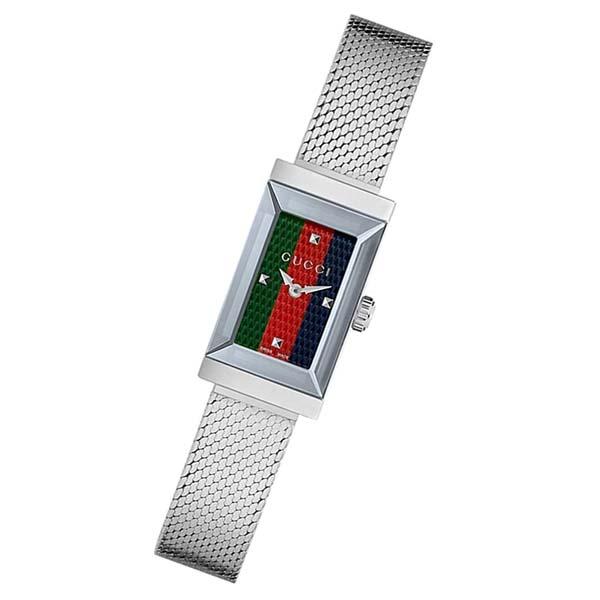 Gucci G Frame Quartz Diamonds Green & Red Mother of Pearl Dial Silver Mesh Bracelet Watch For Women - YA147510 Buy Now By Gucci