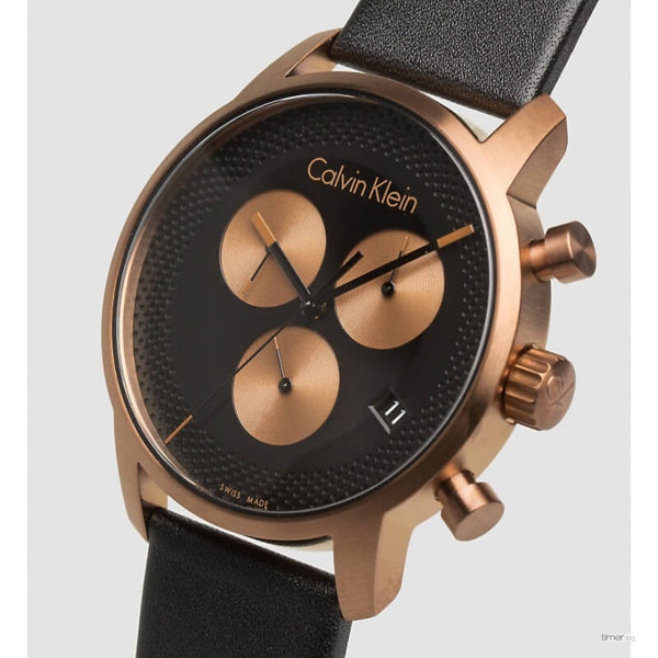Calvin Klein City Chronograph Black Dial Black Leather Strap Watch for Men - K2G17TC1 Buy Now By Calvin Klein