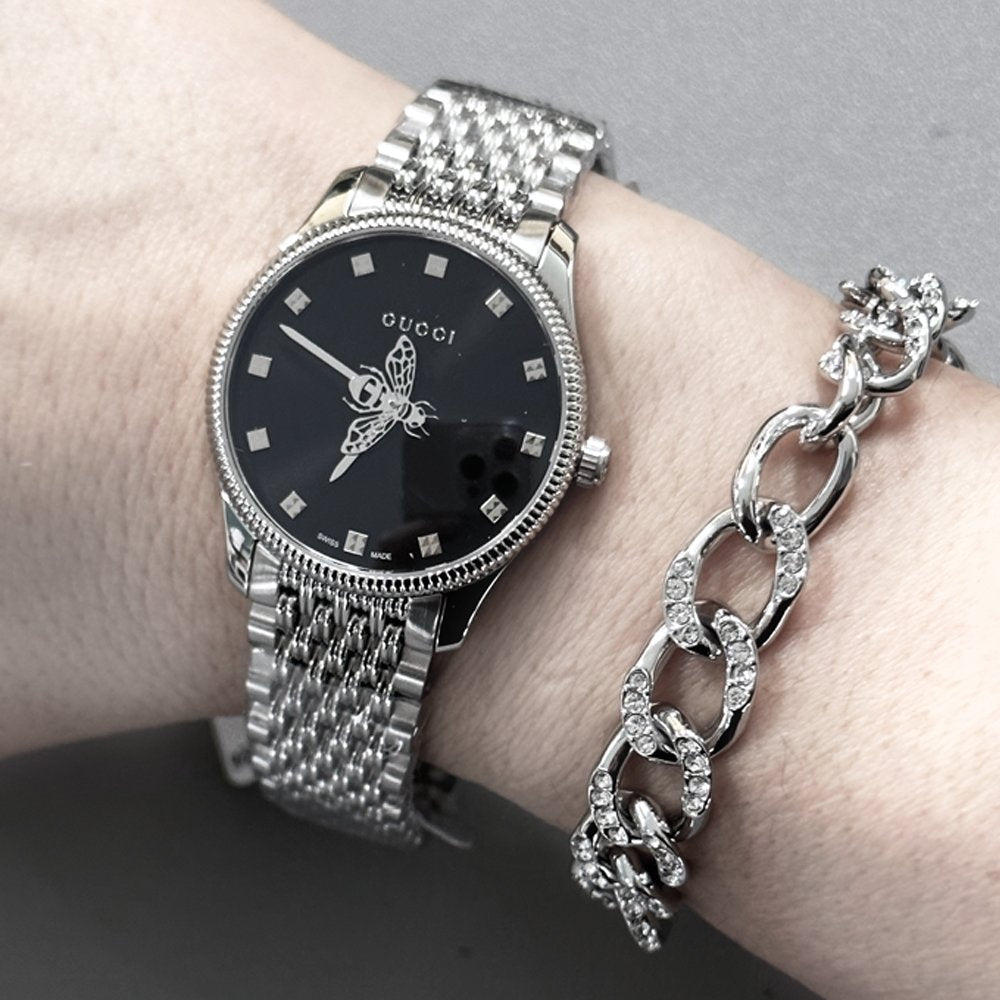 Gucci G Timeless Quartz Black Dial Silver Steel Strap Watch For Women - YA1265020 Buy Now By Gucci