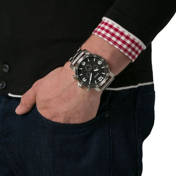 Fossil Nate Chronograph Black Dial Silver Steel Strap Watch for Men - JR1353 Buy Now By Fossil
