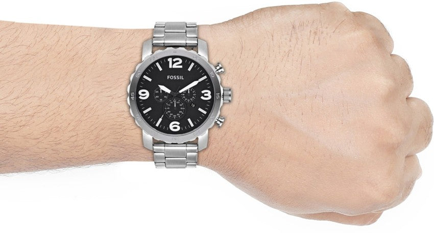 Fossil Nate Chronograph Black Dial Silver Steel Strap Watch for Men - JR1353 Buy Now By Fossil