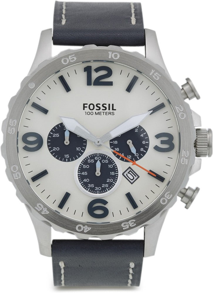 Fossil Nate Chronograph White Dial Blue Leather Strap Watch for Men - JR1480 Buy Now By Fossil