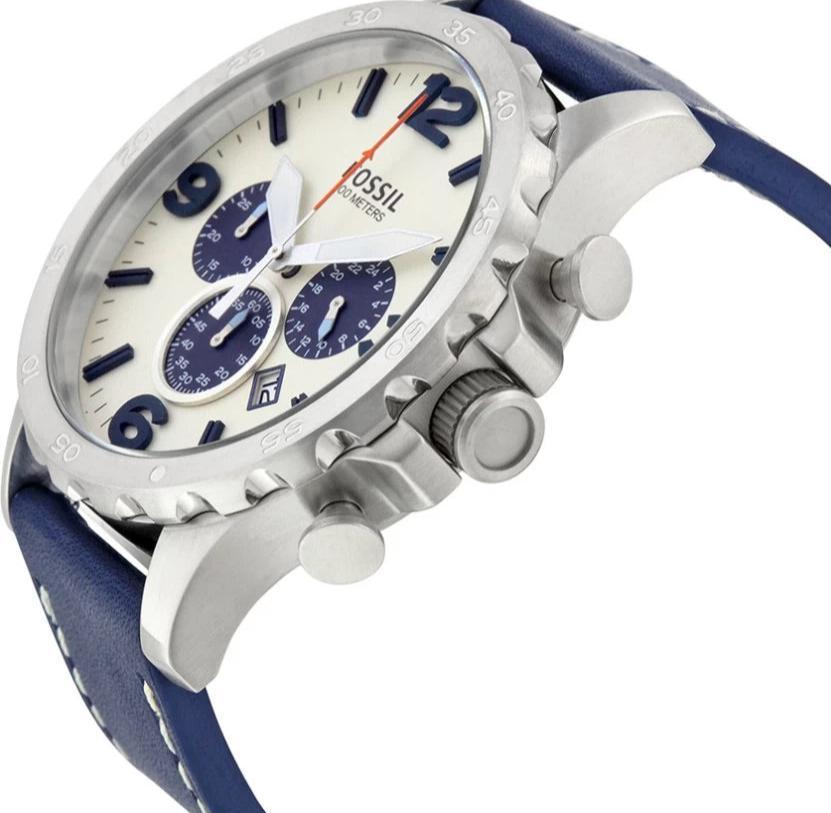 Fossil Nate Chronograph White Dial Blue Leather Strap Watch for Men - JR1480 Buy Now By Fossil