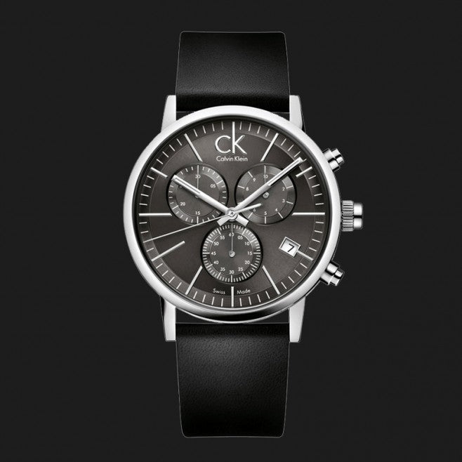 Calvin Klein Post Minimal Chronograph Black Dial Black Leather Strap Watch for Men - K7627107 Buy Now By Calvin Klein