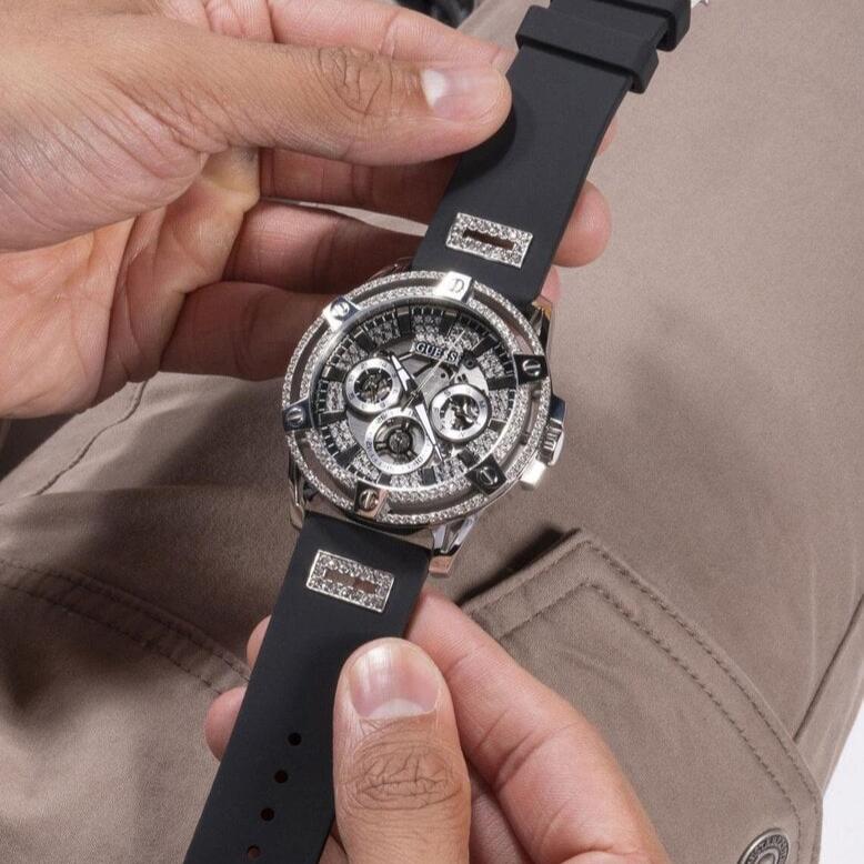 Guess King Quartz Crystals Silver Dial Black Silicone Strap Watch For Men - GW0537G1 Buy Now By Guess