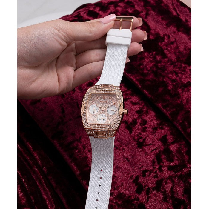 Guess Raven Diamonds Rose Gold Dial White Silicone Strap Watch for Women - GW0105L3 Buy Now By Guess