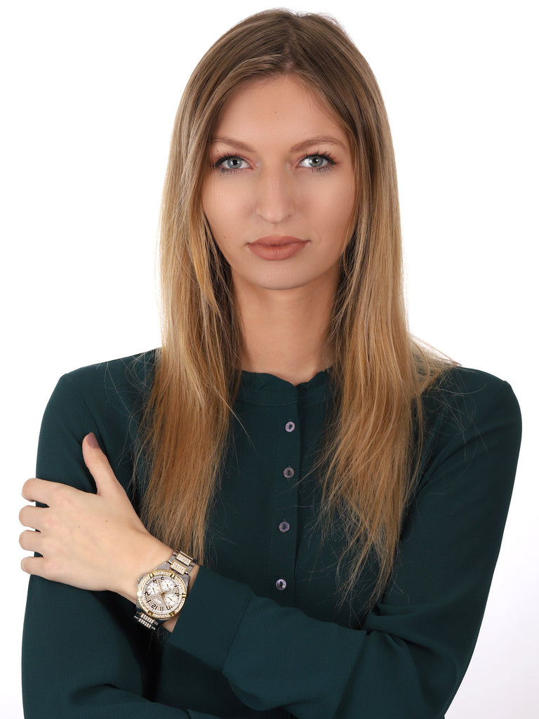 Guess Frontier Chronograph Crystals Gold Dial Two Tone Steel Strap Watch For Women - W1156L5 Buy Now By Guess