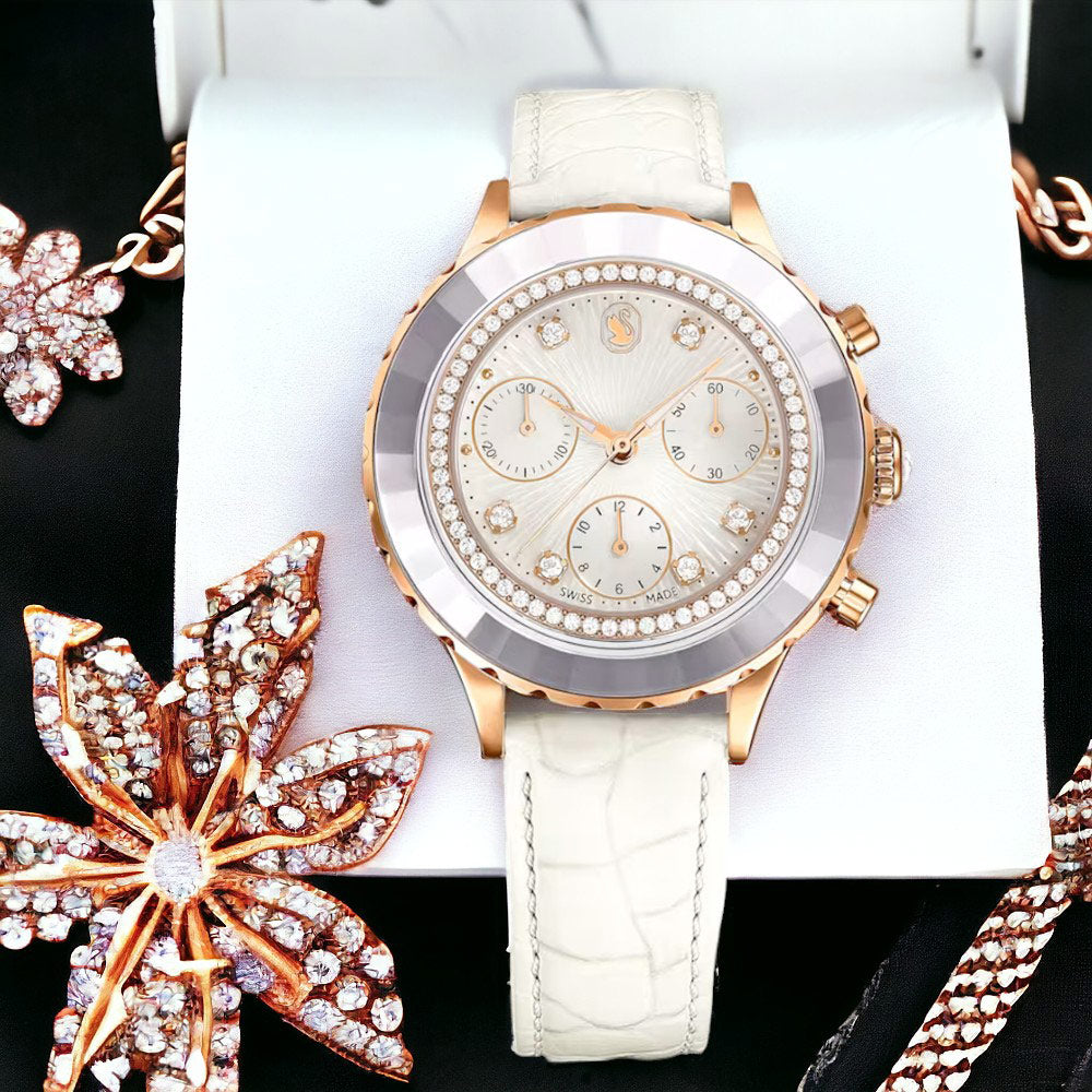 Swarovski Octea Chrono Crystals White Dial White Leather Strap Watch for Women - 5671150 Buy Now By Swarovski