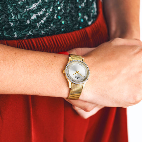 Guess Chelsea Crystals Mother of Pearl White Dial Gold Mesh Bracelet Watch For Women - W0647L7 Buy Now By Guess