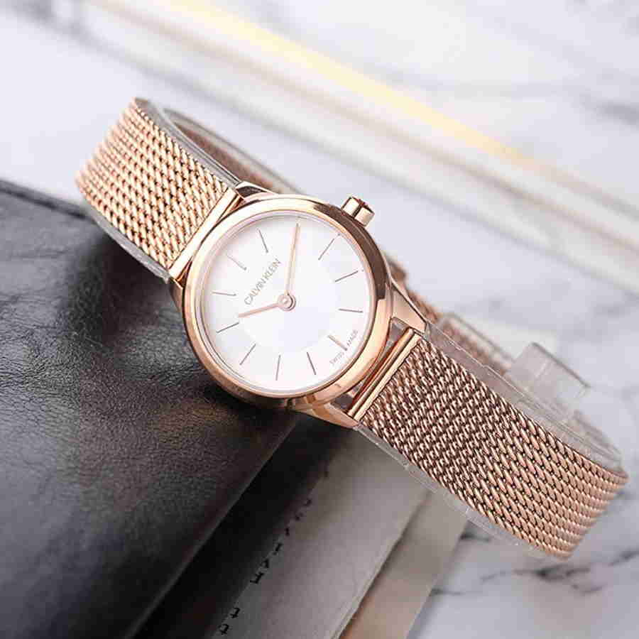 Calvin Klein Minimal White Dial Rose Gold Mesh Bracelet Watch for Women - K3M23626