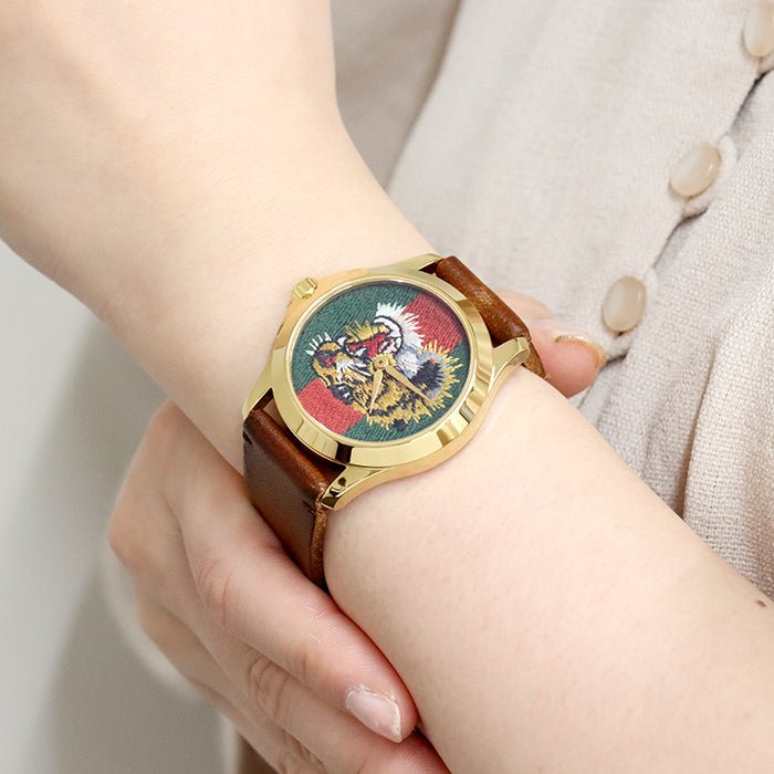 Gucci Le Marche Des Merveilles Red & Green Dial Brown Leather Strap Unisex Watch - YA126497 Buy Now By Gucci