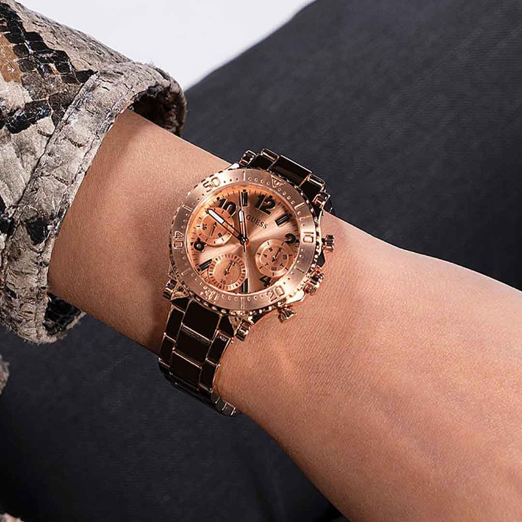 Guess Cosmic Chronograph Rose Gold Dial Rose Gold Steel Strap Watch for Women - GW0465L2 Buy Now By Guess