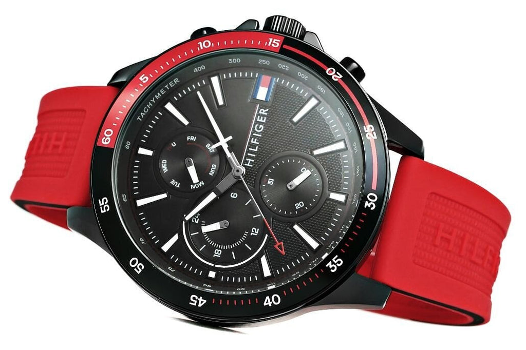 Tommy Hilfiger Multifunction Quartz Black Dial Red Rubber Strap Watch for Men - 1791722 Buy Now By Tommy Hilfiger