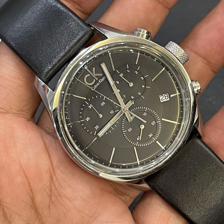 Calvin Klein Masculine Chronograph Black Dial Black Leather Strap Watch for Men - K2H27102 Buy Now By Calvin Klein