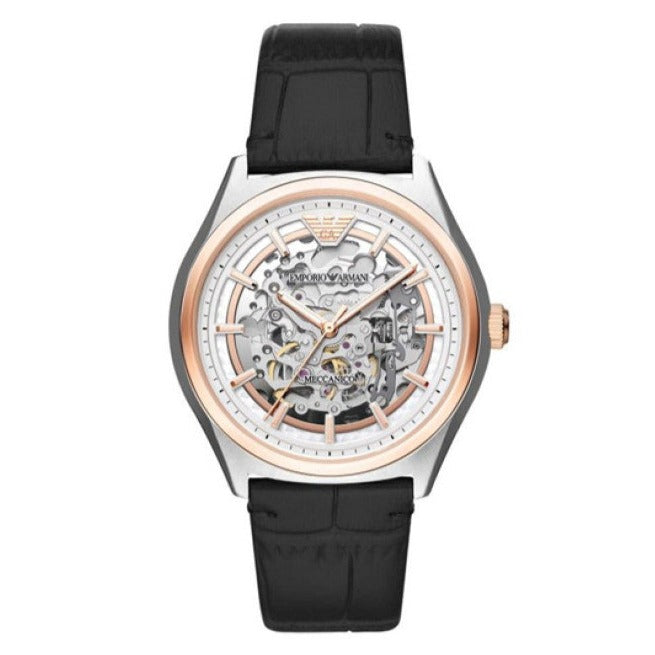 Emporio Armani Zeta Skeleton Automatic Silver Dial Black Leather Strap Watch For Men - AR60018 Buy Now By Emporio Armani