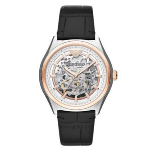 Emporio Armani Zeta Skeleton Automatic Silver Dial Black Leather Strap Watch For Men - AR60018 Buy Now By Emporio Armani