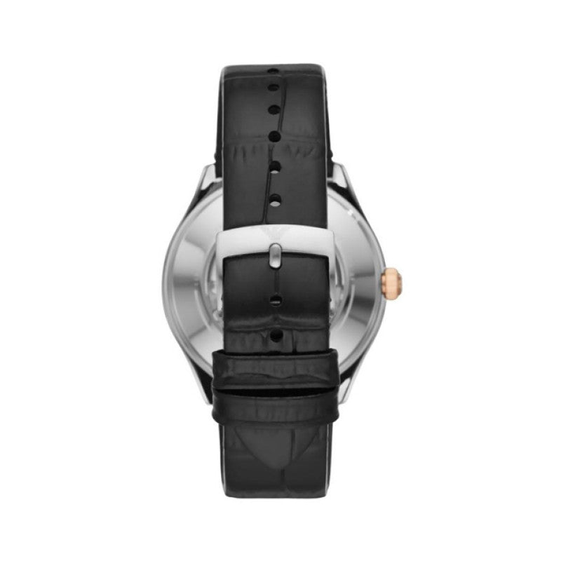 Emporio Armani Zeta Skeleton Automatic Silver Dial Black Leather Strap Watch For Men - AR60018 Buy Now By Emporio Armani