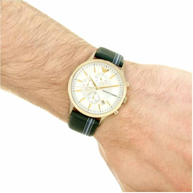 Emporio Armani Renato Chronograph Silver Dial Green Leather Strap Watch For Men - AR11233 Buy Now By Emporio Armani