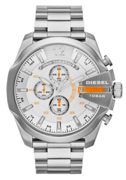 Diesel Mega Chief Chronograph White Dial Silver Steel Strap Watch For Men - DZ4328 Buy Now By Diesel