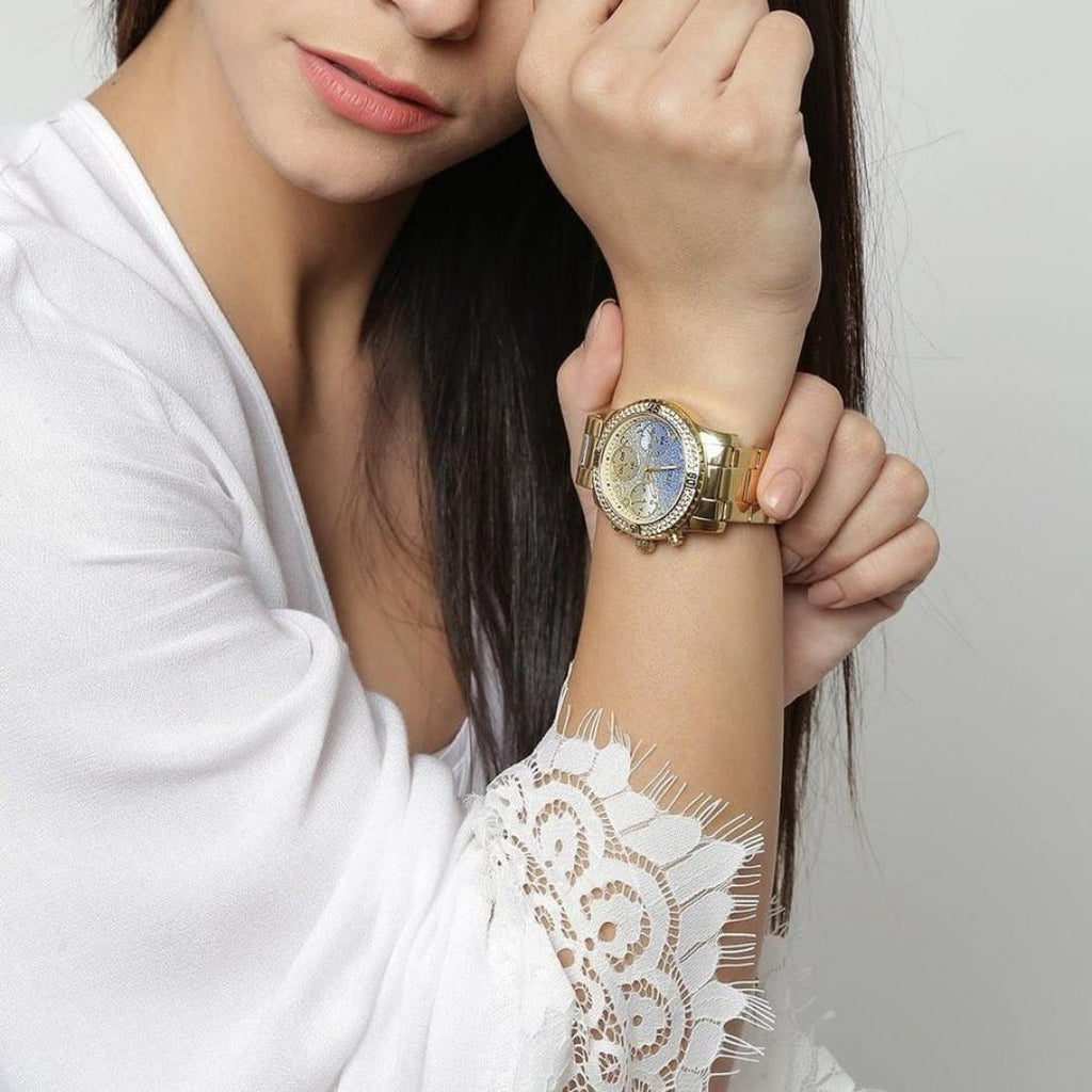 Guess Confetti Diamonds Gold Dial Gold Steel Strap Watch for Women - W0774L2 Buy Now By Guess