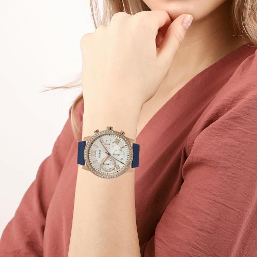 Guess Solar White Rose Gold Dial Blue Rubber Strap Watch For Women - W1135L3 Buy Now By Guess