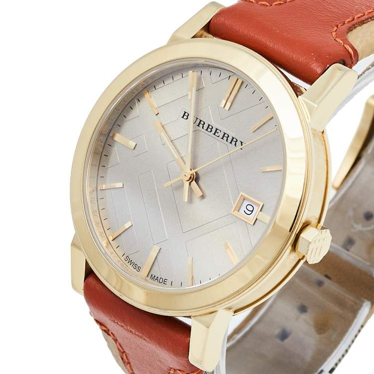 Burberry The City Gold Dial Orange Leather Strap Watch for Women - BU9016 Buy Now By Burberry