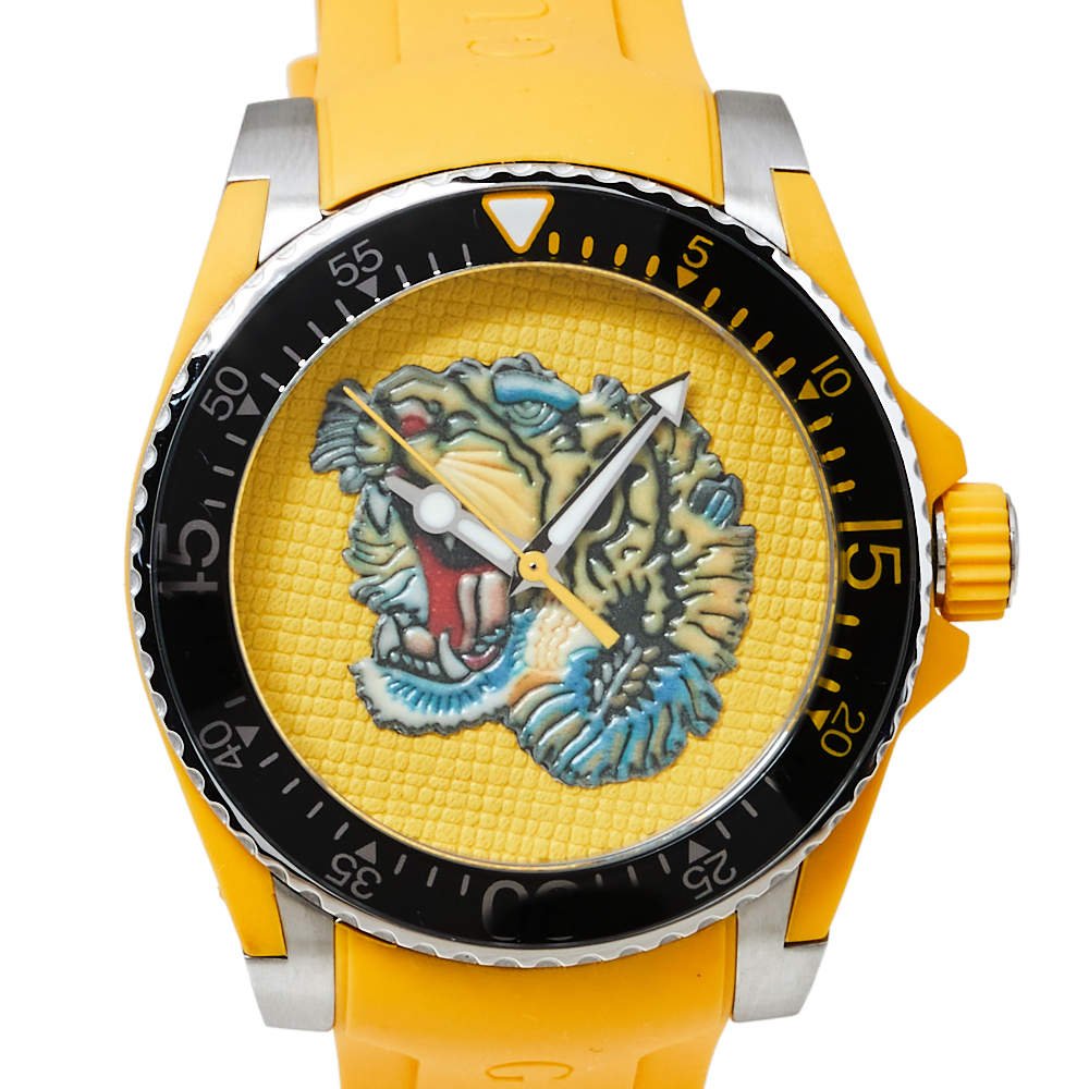 Gucci Dive Tiger Yellow Dial Yellow Rubber Strap Watch For Men - YA136317 Buy Now By Gucci