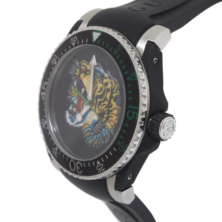 Gucci Dive Tiger Black Dial Black Rubber Strap Watch For Men - YA136318 Buy Now By Gucci