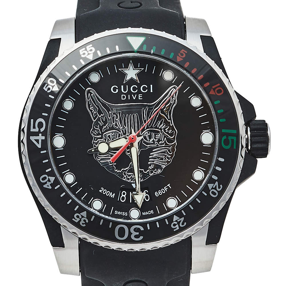 Gucci Dive Feline Black Dial Black Rubber Strap Watch For Men - YA136323 Buy Now By Gucci