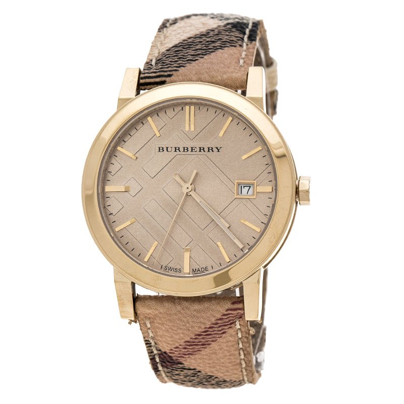 Burberry The City Gold Dial Haymarket Brown Leather Strap Watch for Women - BU9026 Buy Now By Burberry