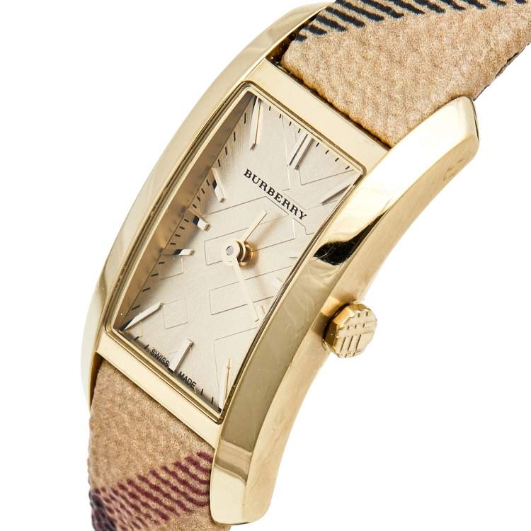 Burberry Pioneer Gold Dial Haymarket Beige Leather Strap Watch for Women - BU9509 Buy Now By Burberry