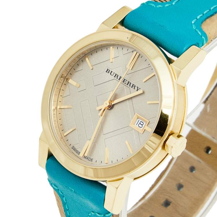 Burberry The City Gold Dial Blue Leather Strap Watch for Women - BU9018 Buy Now By Burberry