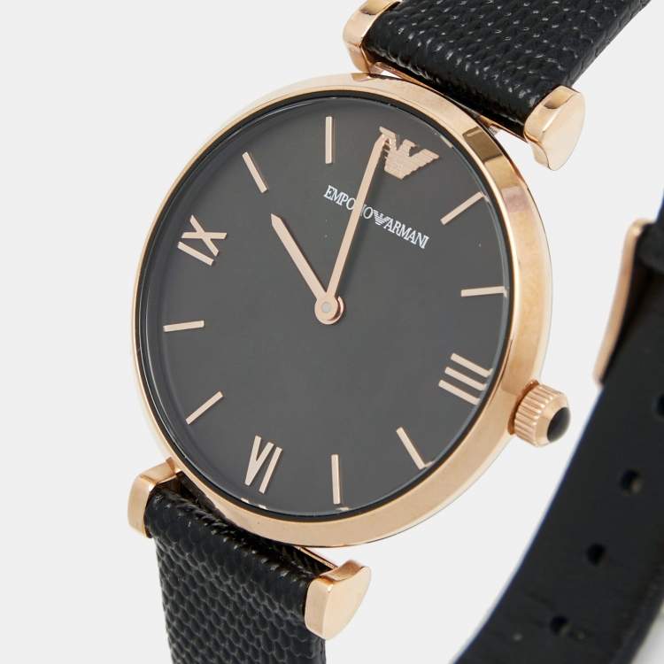 Emporio Armani Gianni T Bar Black Mother of Pearl Dial Black Leather Strap Watch For Women - AR11060 Buy Now By Emporio Armani