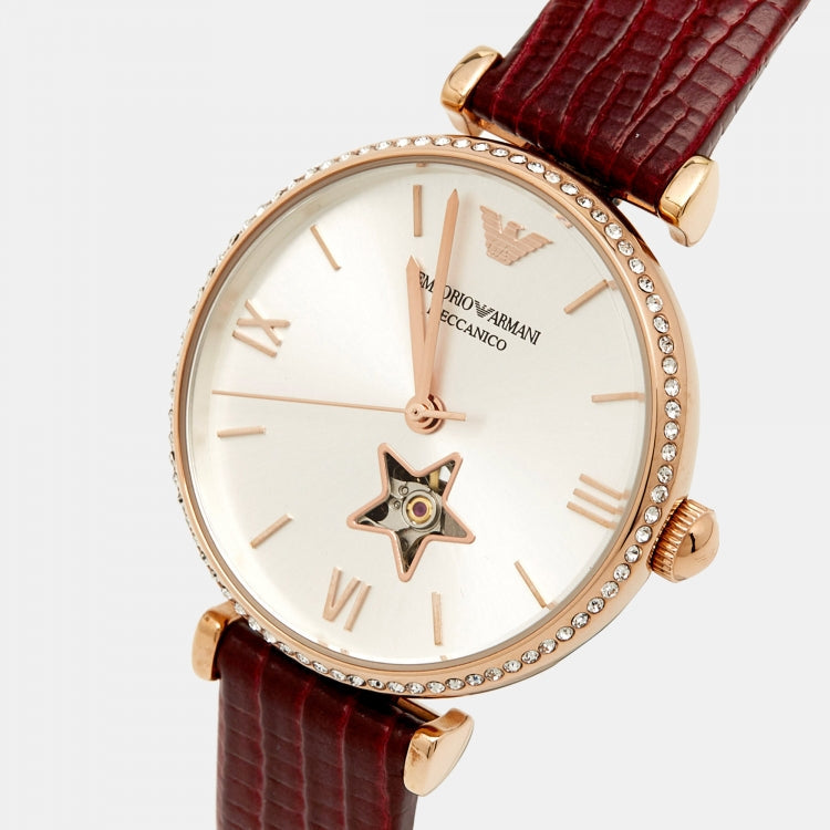Emporio Armani Meccanico Automatic Silver Dial Burgundy Leather Strap Watch For Women - AR60044 Buy Now By Emporio Armani