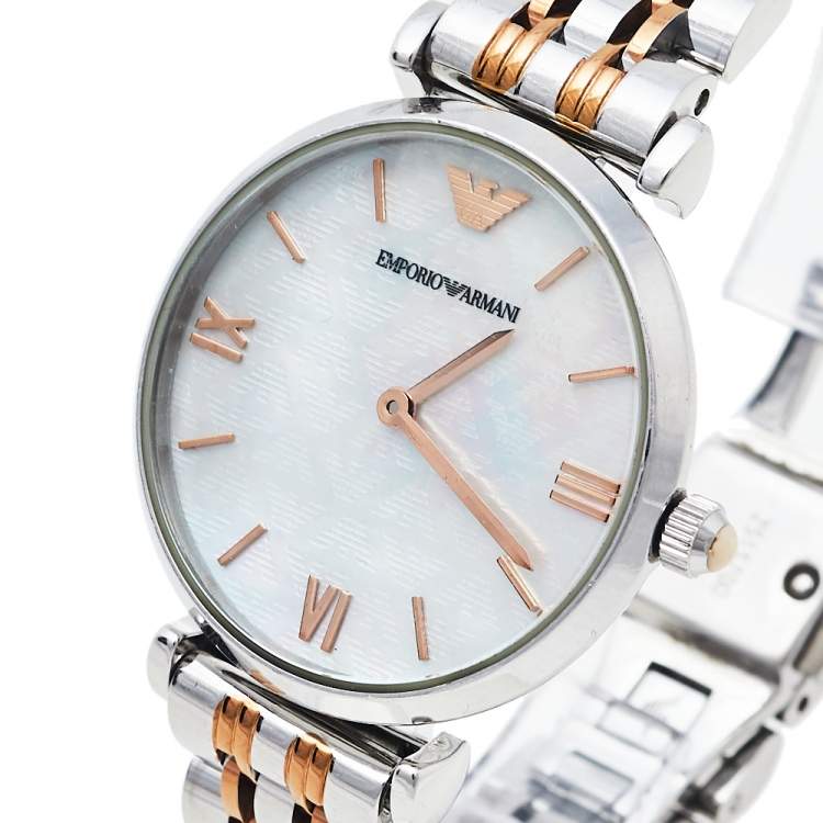 Emporio Armani Gianni T-Bar Mother of Pearl Dial Two Tone Steel Strap Watch For Women - AR1987 Buy Now By Emporio Armani