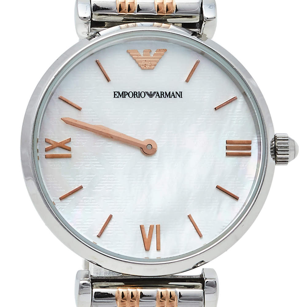 Emporio Armani Gianni T-Bar Mother of Pearl Dial Two Tone Steel Strap Watch For Women - AR1987 Buy Now By Emporio Armani