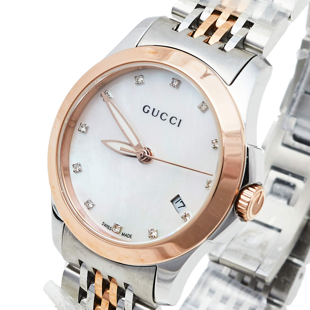 Gucci G Timeless Diamonds Mother of Pearl Dial Two Tone Mesh Bracelet Watch For Women - YA126514 Buy Now By Gucci