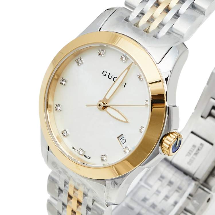 Gucci G Timeless Diamonds Mother of Pearl Dial Two Tone Mesh Bracelet Watch for Women - YA126513 Buy Now By Gucci