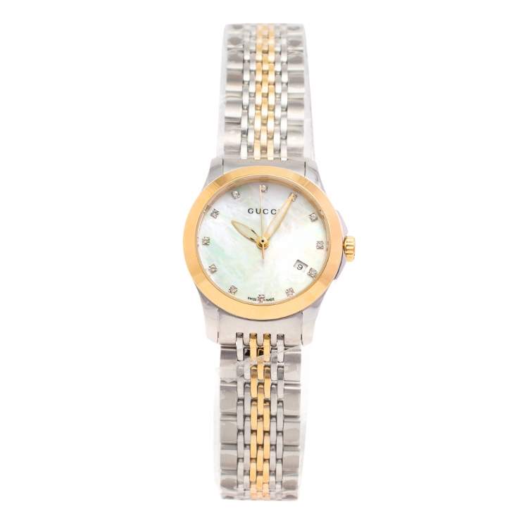 Gucci G Timeless Diamonds Mother of Pearl Dial Two Tone Mesh Bracelet Watch for Women - YA126513 Buy Now By Gucci