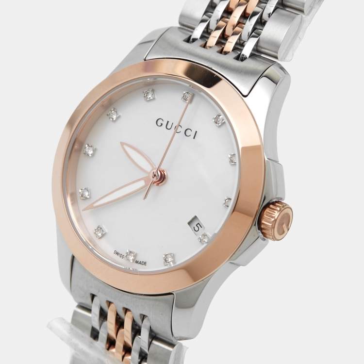 Gucci G Timeless Diamonds Mother of Pearl Dial Two Tone Mesh Bracelet Watch For Women - YA126514 Buy Now By Gucci