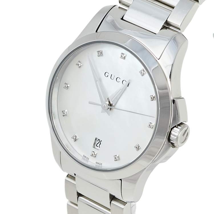 Gucci G Timeless Diamonds Mother of Pearl Dial Silver Steel Strap Watch For Women - YA126542 Buy Now By Gucci