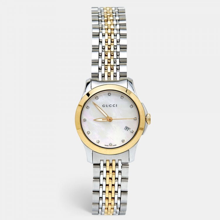 Gucci G Timeless Diamonds Mother of Pearl Dial Two Tone Steel Strap Watch For Women - YA126413 Buy Now By Gucci