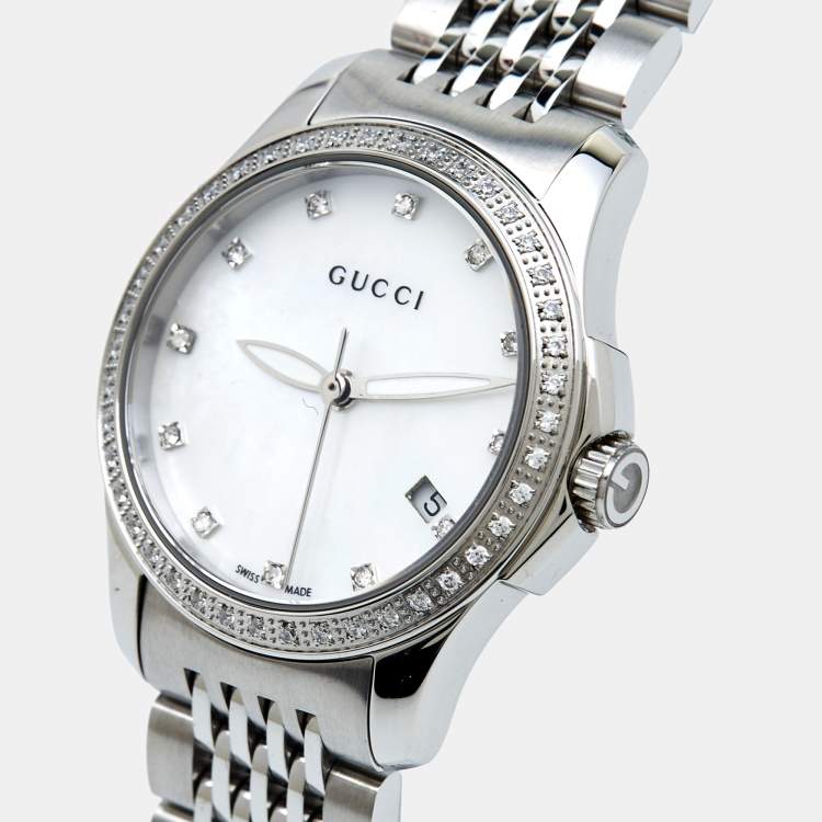 Gucci G Timeless Diamonds Mother of Pearl Dial Silver Mesh Bracelet Watch For Women - YA126508 Buy Now By Gucci