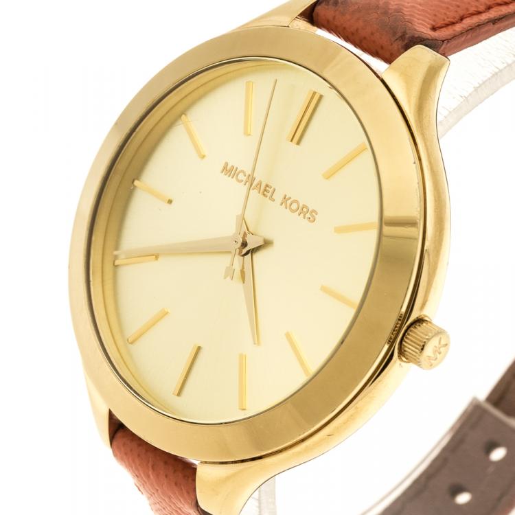 Michael Kors Runway Quartz Gold Dial Orange Leather Strap Watch For Women - MK2275 Buy Now By Michael Kors