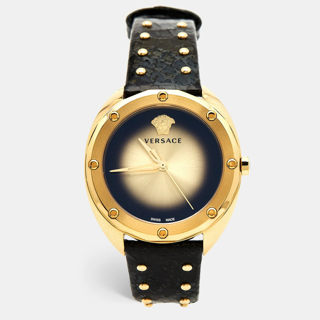 Versace Shadov Quartz Gold Dial Black Leather Strap Watch for Women - VEBM00318 Buy Now By Versace