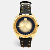 Versace Shadov Quartz Gold Dial Black Leather Strap Watch for Women - VEBM00318 Buy Now By Versace